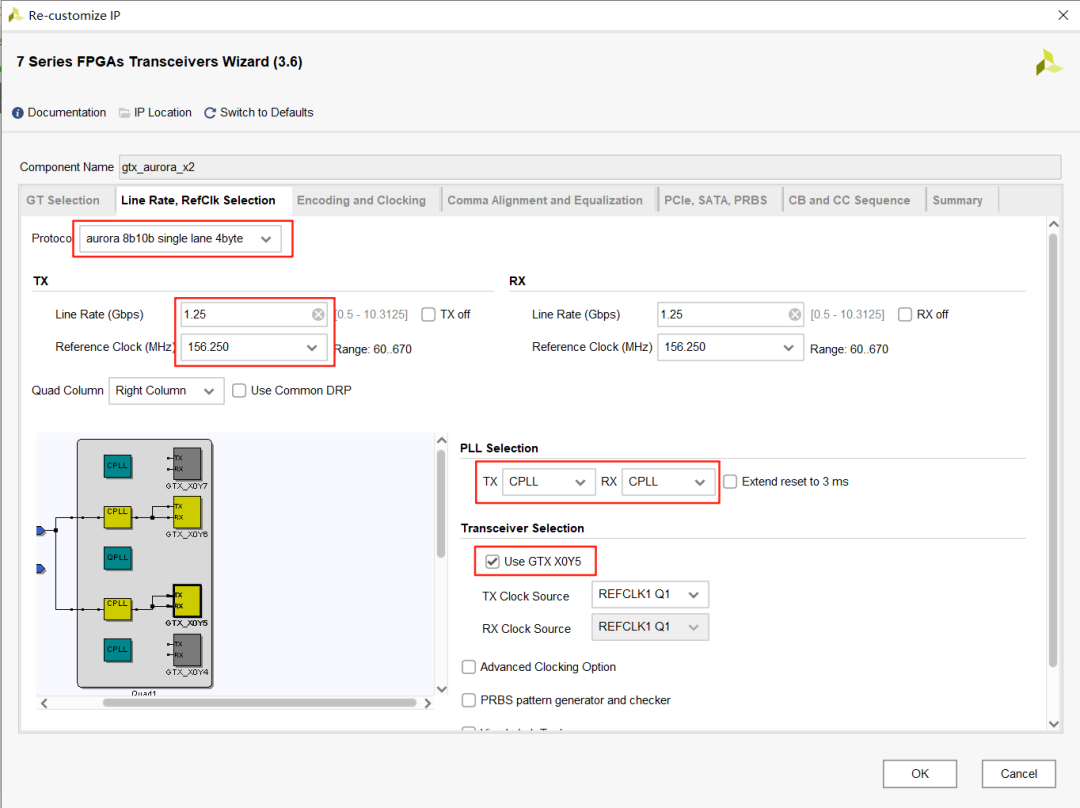 GTX向导协议与速率配置页：Aurora 8B/10B单通道4字节，线速率1.25 Gbps，参考时钟156.25 MHz，启用CPLL