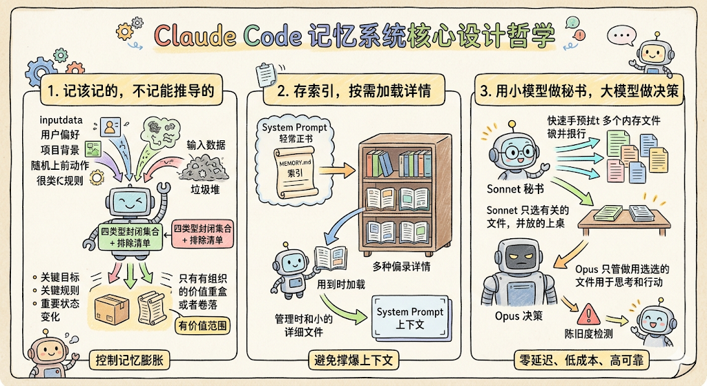 一张关于Claude Code记忆系统核心设计哲学的三栏式信息图,整体为手绘风格,背景米黄,边角有卷页效果。左栏标题‘1. 记该记的,不记能推导的’,含机器人形象、输入数据(用户偏好、项目背景等)、垃圾堆图标、四类型封闭集合+排除清单、关键目标/规则/状态变化、控制记忆膨胀等元素;中栏标题‘2. 存索引,按需加载详情’,展示System Prompt(常正书/MEMORY.md)→书架(多种偏录详情)→用到时加载→管理时和小的详细文件→System Prompt上下文,强调避免撑爆上下文;右栏标题‘3. 用小模型做秘书,大模型做决策’,含Sonnet秘书(快速预拉t多个内存文件并执行)、Opus决策(只做筛选的文件用于思考和行动)、陈旧度检测,底部标注‘零延迟、低成本、高可靠’。顶部有‘Claude Code 记忆系统核心设计哲学’标题及齿轮、对话气泡、机器人头像装饰。