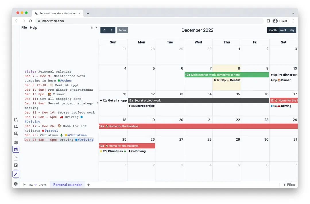 Markwhen个人日历示例（日历视图）
