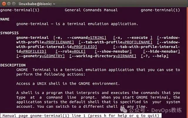 GNOME Terminal 命令行帮助信息截图