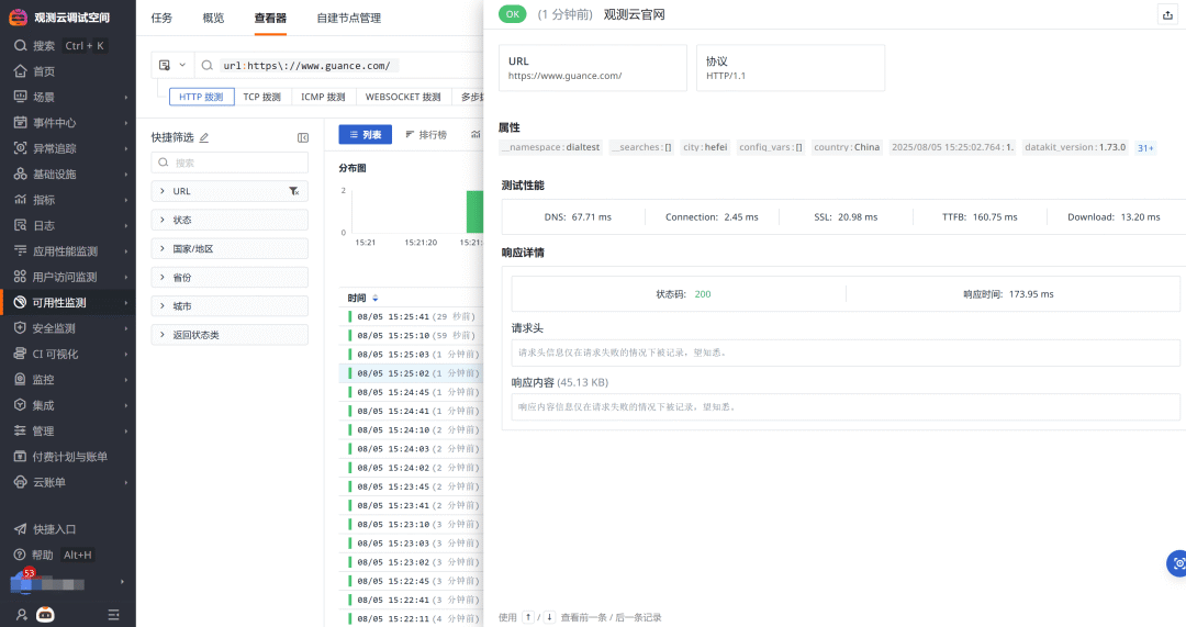 观测云单次拨测详情性能数据