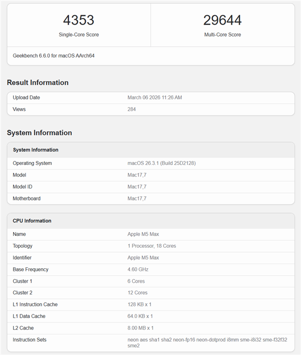 Apple M5 Max Geekbench 6.6.0跑分截图