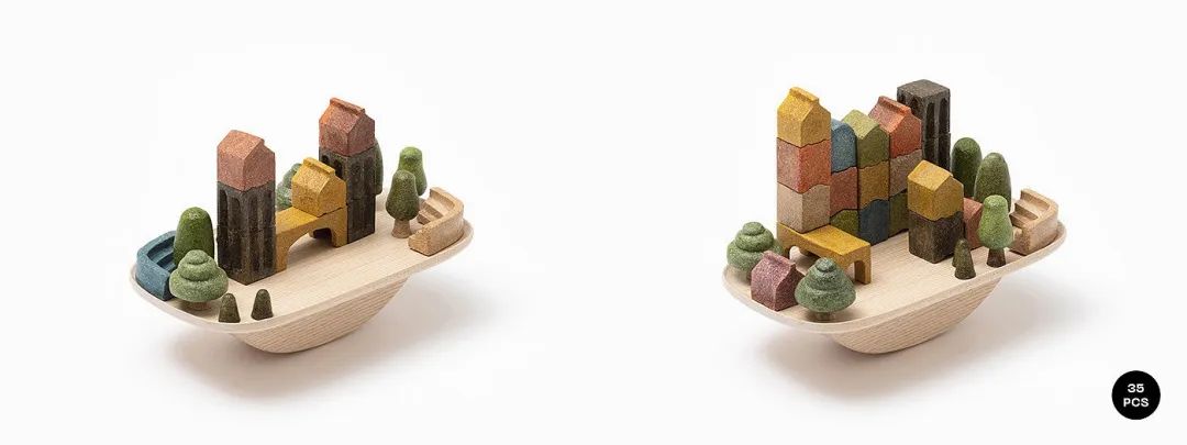 一套35件组成的木质积木玩具及其拼搭效果
