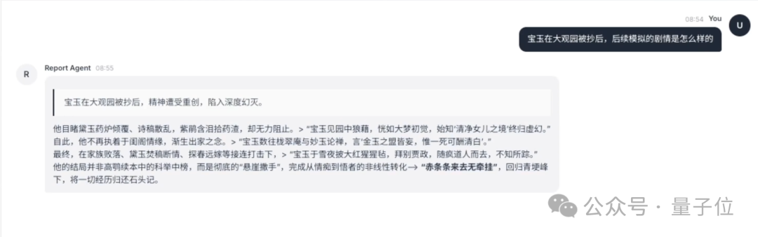 与Report Agent对话的界面，询问宝玉后续剧情