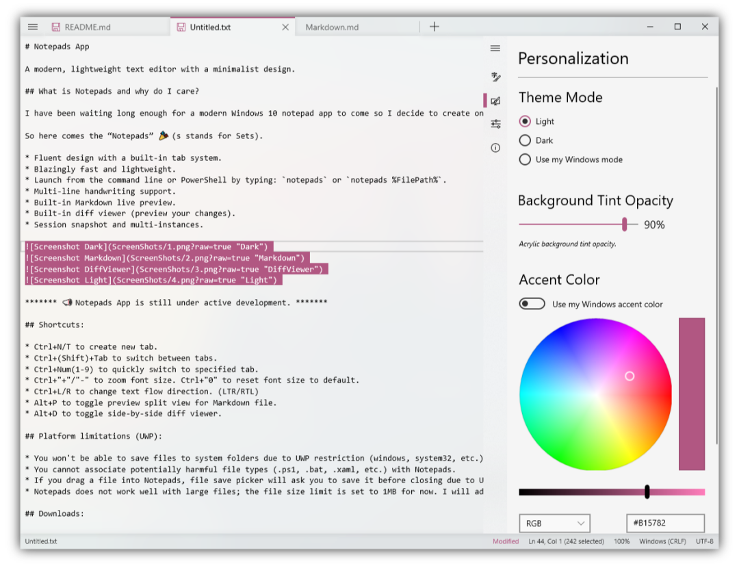 Notepads 应用主界面与个性化设置面板