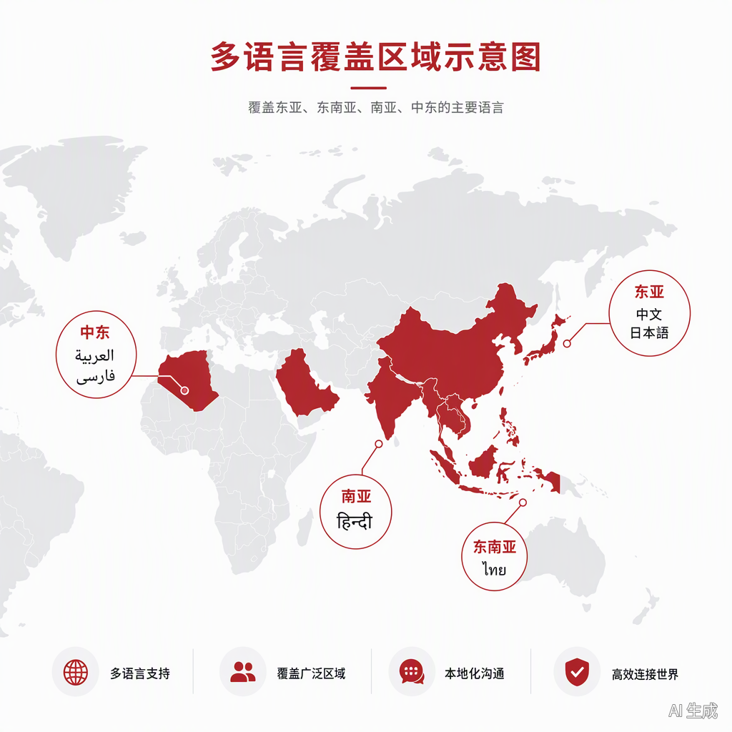 LVGL UTF-8 多语言覆盖区域示意:东亚、东南亚、南亚与中东