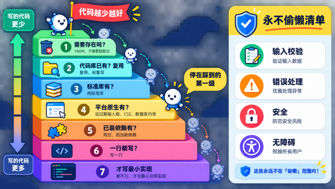 七级梯子决策规则:写代码前停在最高可行级,右侧四项永不砍