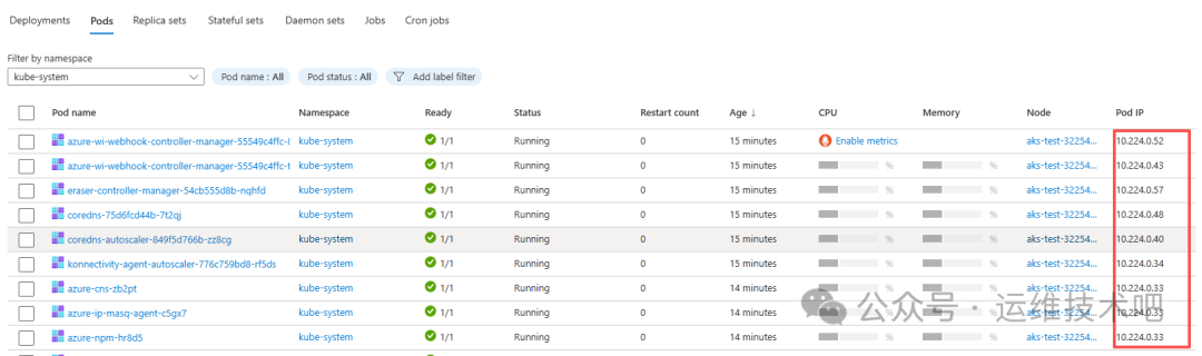 Kubernetes Pod 列表界面截图，显示 kube-system 命名空间下的多个运行中 Pod，包含 Pod 名称、命名空间、就绪状态、重启次数、年龄、CPU/内存使用率条形图、节点名称及 Pod IP 地址列；右侧红色框突出显示了多行 Pod IP 地址，均为 10.224.x.x 网段