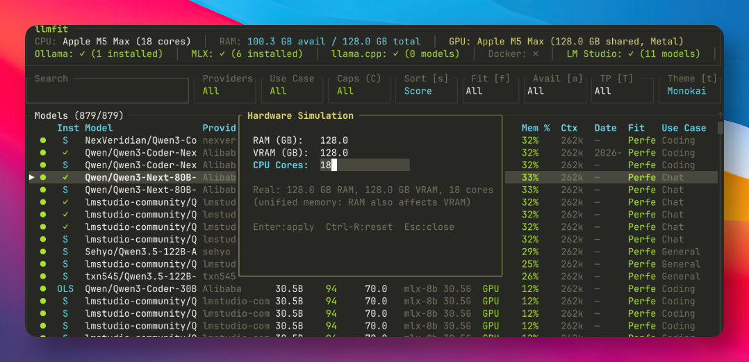 llmfit硬件模拟功能界面