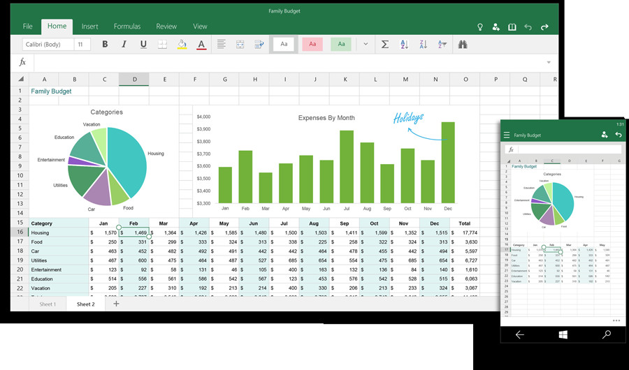 Excel 家庭预算表格与饼图柱状图展示