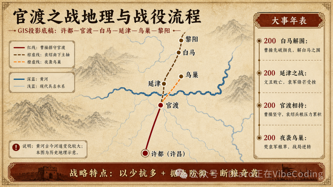 另一张古风卷轴风格的官渡之战历史示意图，含行军路线与大事年表