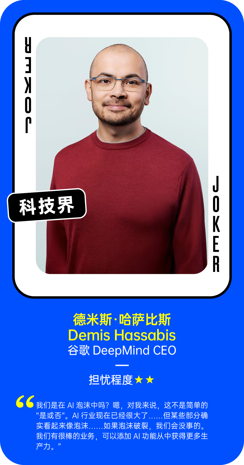 德米斯·哈萨比斯关于AI泡沫的担忧程度观点卡