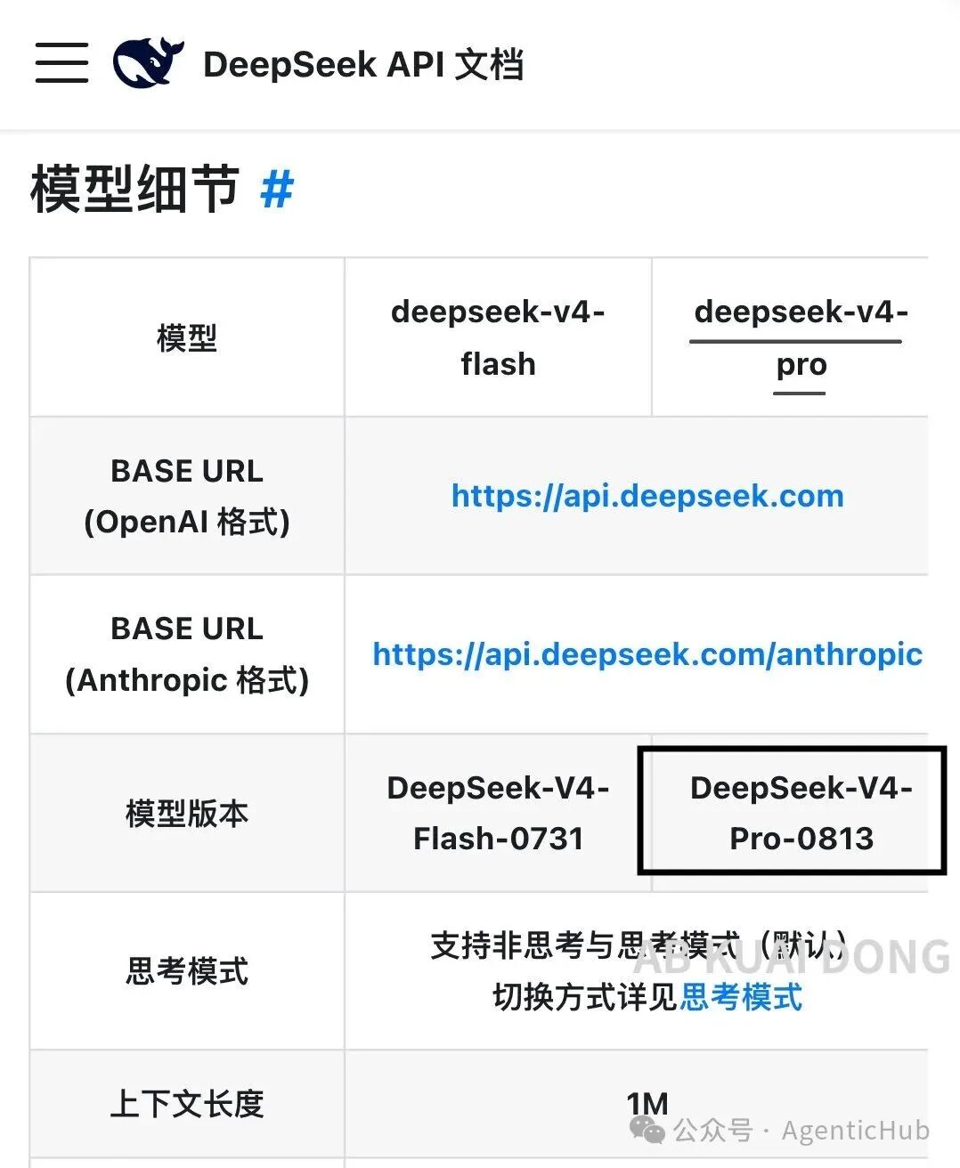 DeepSeek API 文档中 DeepSeek-V4-Pro-0813 模型细节截图