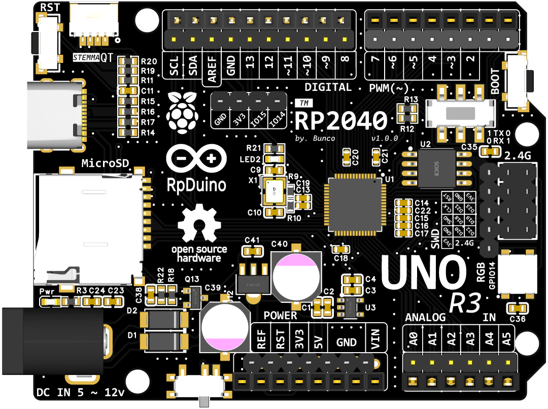 RPDuino PCB 3D渲染俯视图,展示元件布局与UNO R3兼容的引脚排列