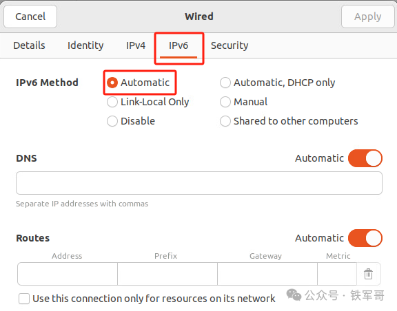 Ubuntu网络设置中IPv6配置为自动获取