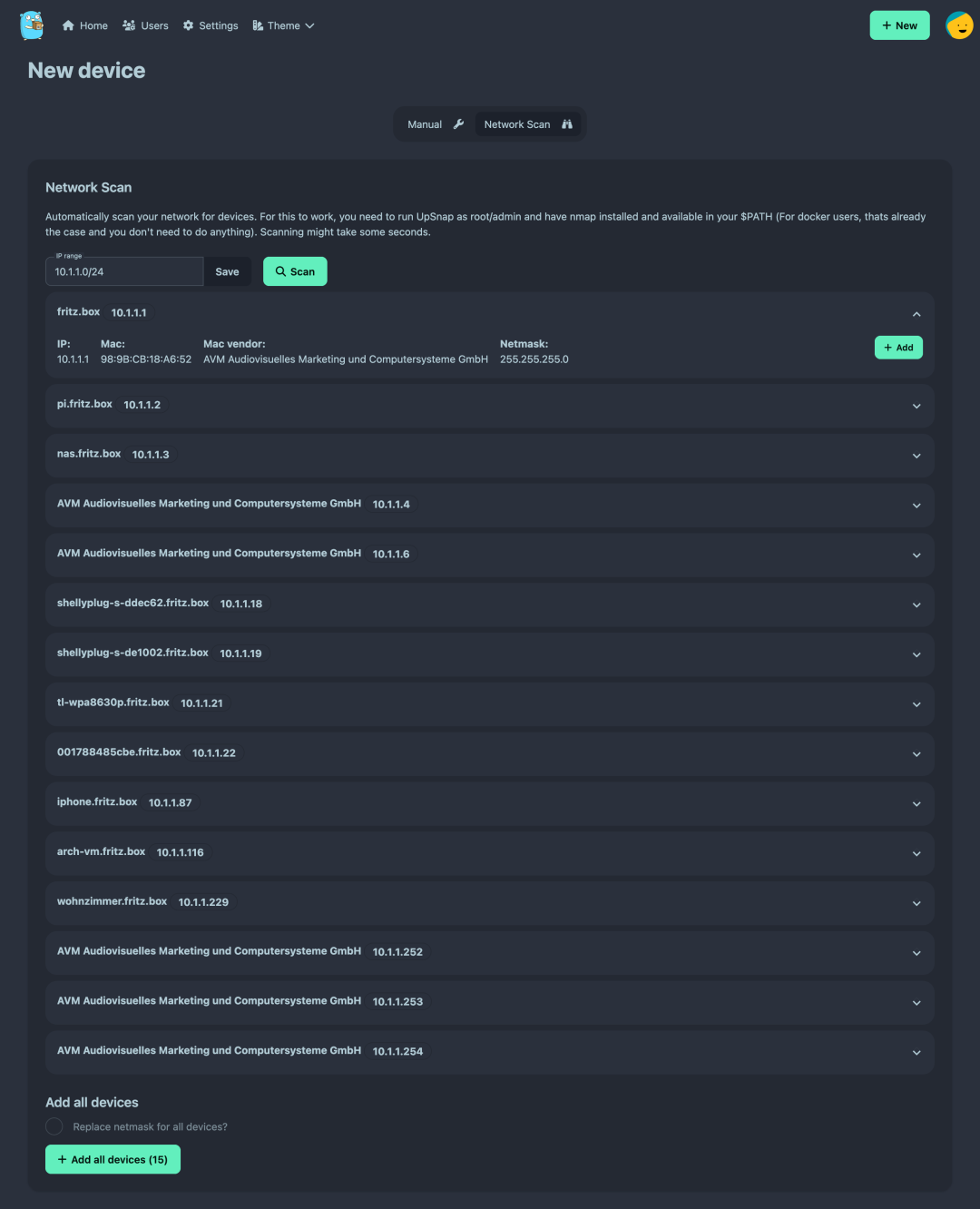 UpSnap 网络扫描添加设备