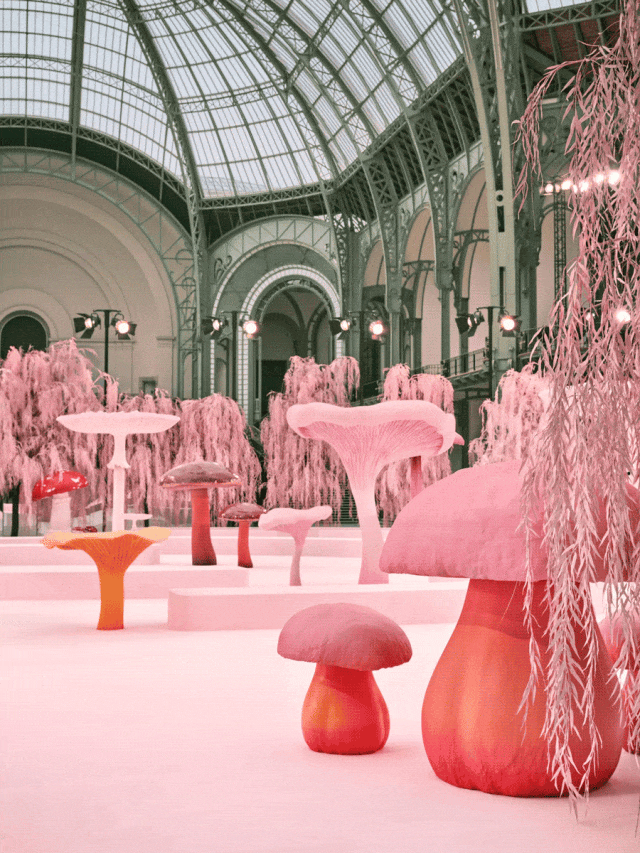 在一个拥有高耸玻璃穹顶和绿色金属骨架的大型室内展览空间（类似巴黎大皇宫）中，布置了一场梦幻般的艺术装置。整个场景被统一的粉红色调笼罩，地面、背景植物及部分建筑细节均呈现粉色调。现场陈列着大量巨型蘑菇雕塑，形态各异：有红白相间的毒蝇伞造型（白色菌柄带凹陷，红色菌盖带白色斑点），有纯粉色或橙色的宽伞盖蘑菇，还有表面带有褶皱纹理的大型菌盖。背景中有多株垂柳状的粉色枝条装饰物，随风轻摆。多组射灯安装在拱形结构上，为装置提供照明。整体氛围超现实、童话感强烈，仿佛置身于奇幻森林。