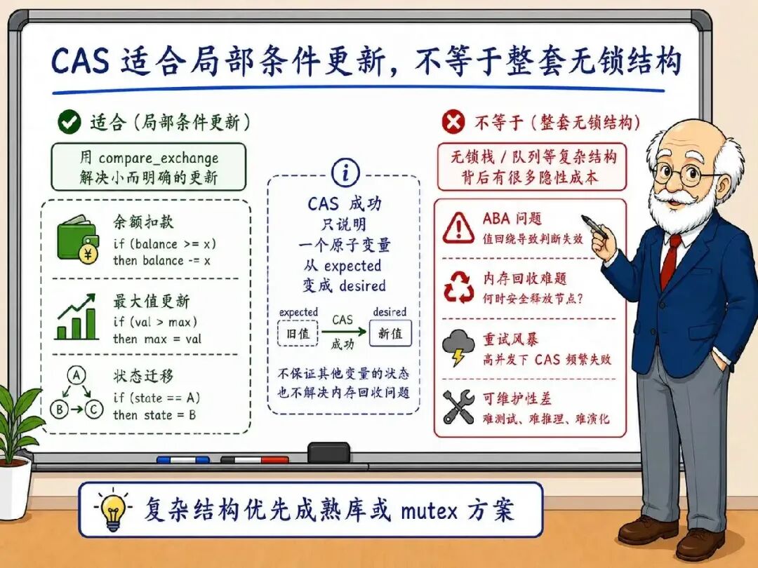 CAS 适合局部条件更新,但不等于整套无锁结构