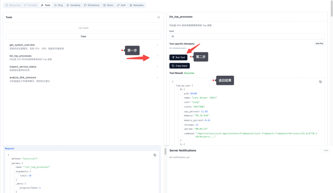 在MCP Inspector中调用list_top_processes工具并查看结果