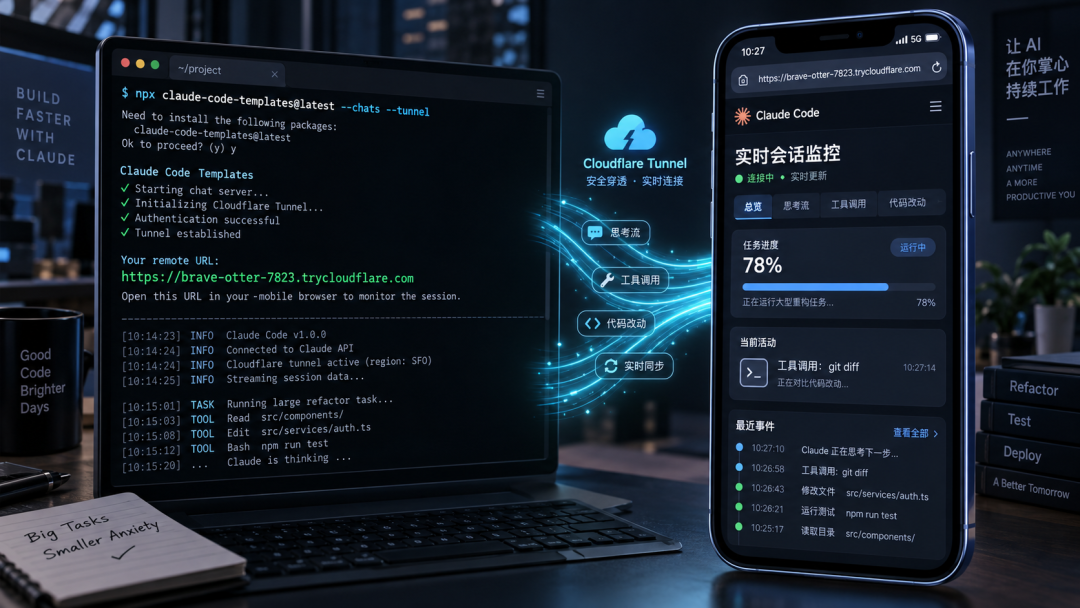 利用内置的 Cloudflare 隧道实现手机端远程穿透,让长时间跑大任务时的推理流与工具调用透明可见