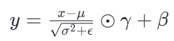 LayerNorm的数学公式:y = (x - μ) / √(σ² + ε) ⊙ γ + β