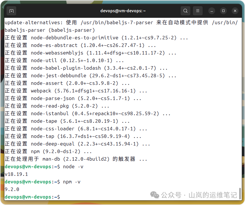 终端显示Node.js和npm版本验证结果,分别为v18.19.1和9.2.0