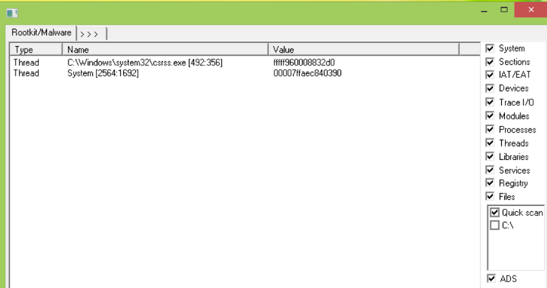 GMER Rootkit/Malware 扫描界面:左侧线程信息列表与右侧扫描选项