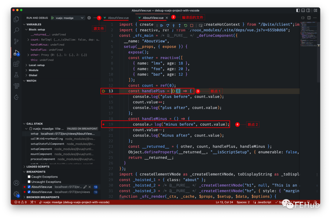 并排对比图:左侧为源代码文件,右侧为运行时命中断点后打开的编译后文件