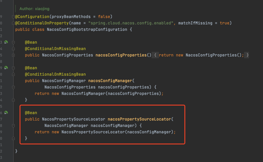 NacosConfigBootstrapConfiguration配置类，定义NacosPropertySourceLocator