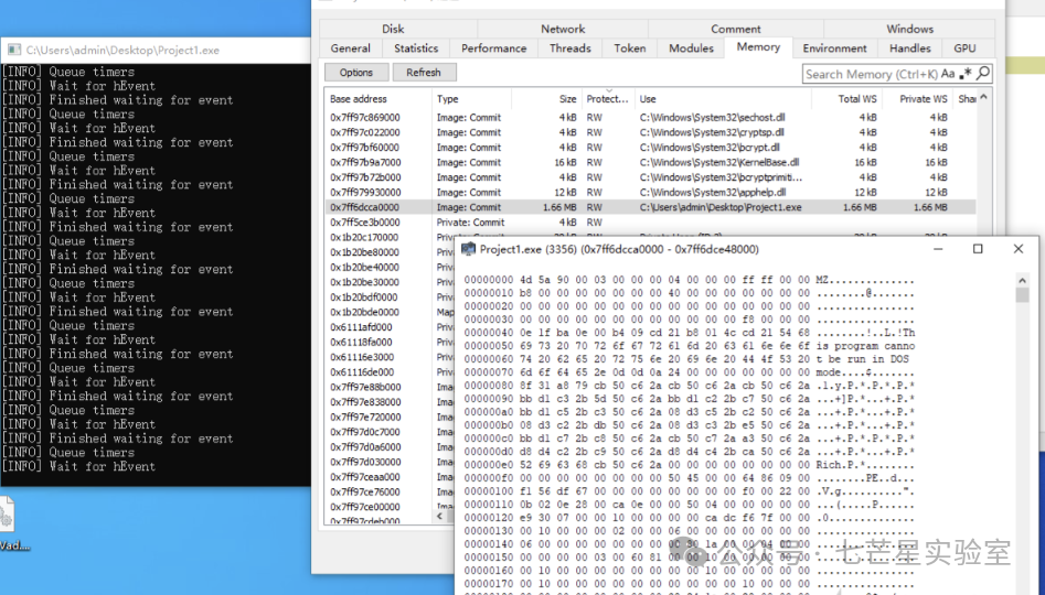 EKKO项目运行状态截图：左侧控制台日志，中间任务管理器，右侧十六进制编辑器