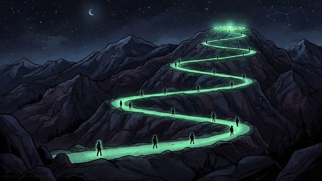 夜晚星空下,许多人沿着发光小径向山顶攀登