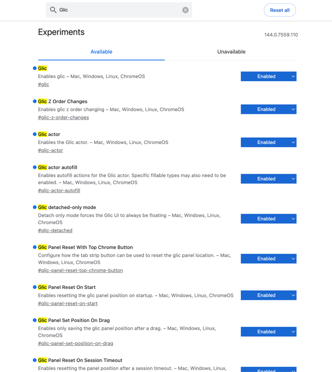 Chrome Experiments界面中启用所有Glic相关实验的截图