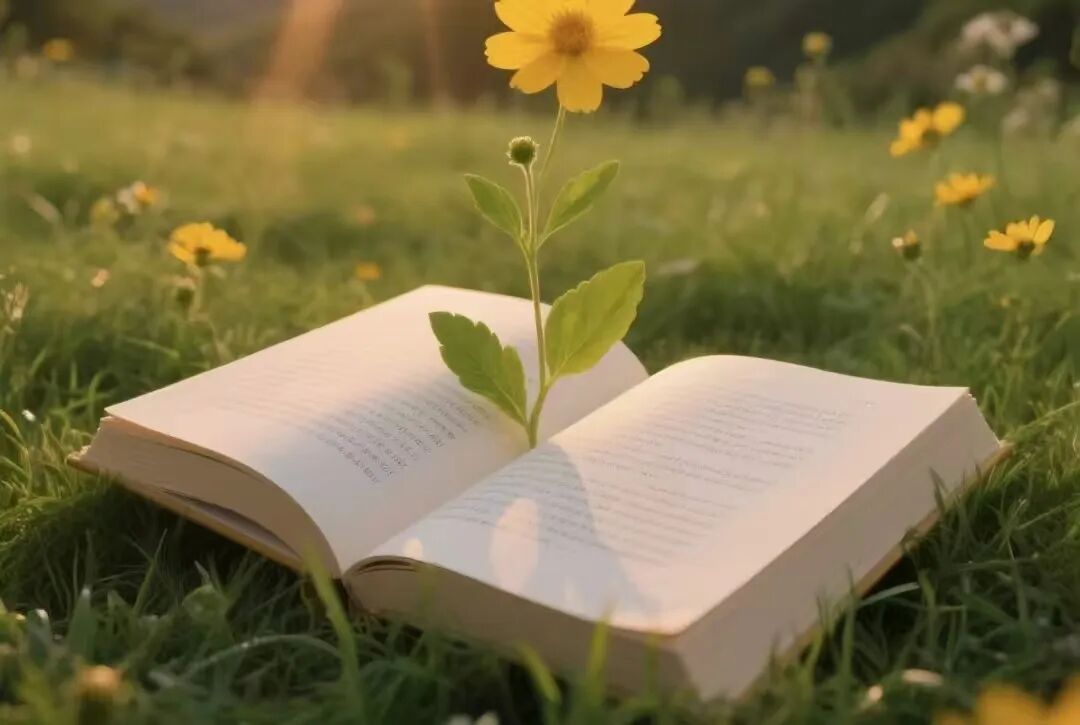 草地上摊开的书本中生长着黄色花朵的意境配图