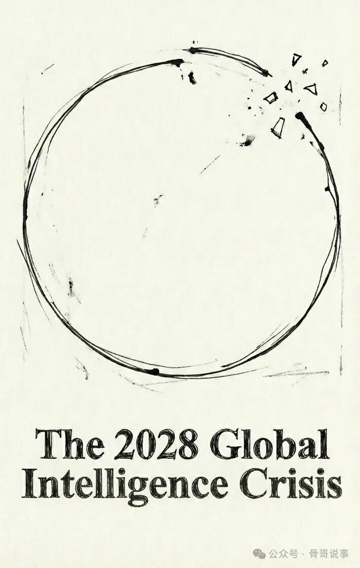 《2028全球智能危机》报告封面：破碎的圆环与飞散的几何图形