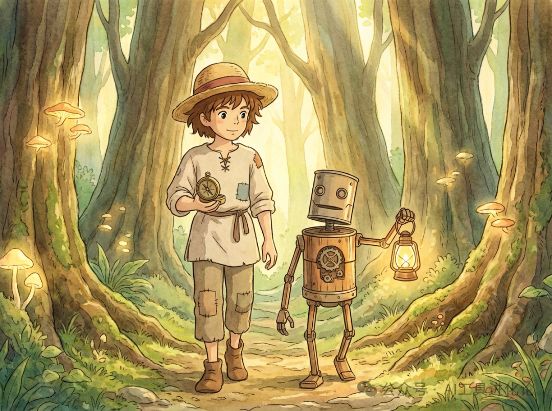 一幅描绘男孩与机器人同伴在森林中探索的奇幻插画