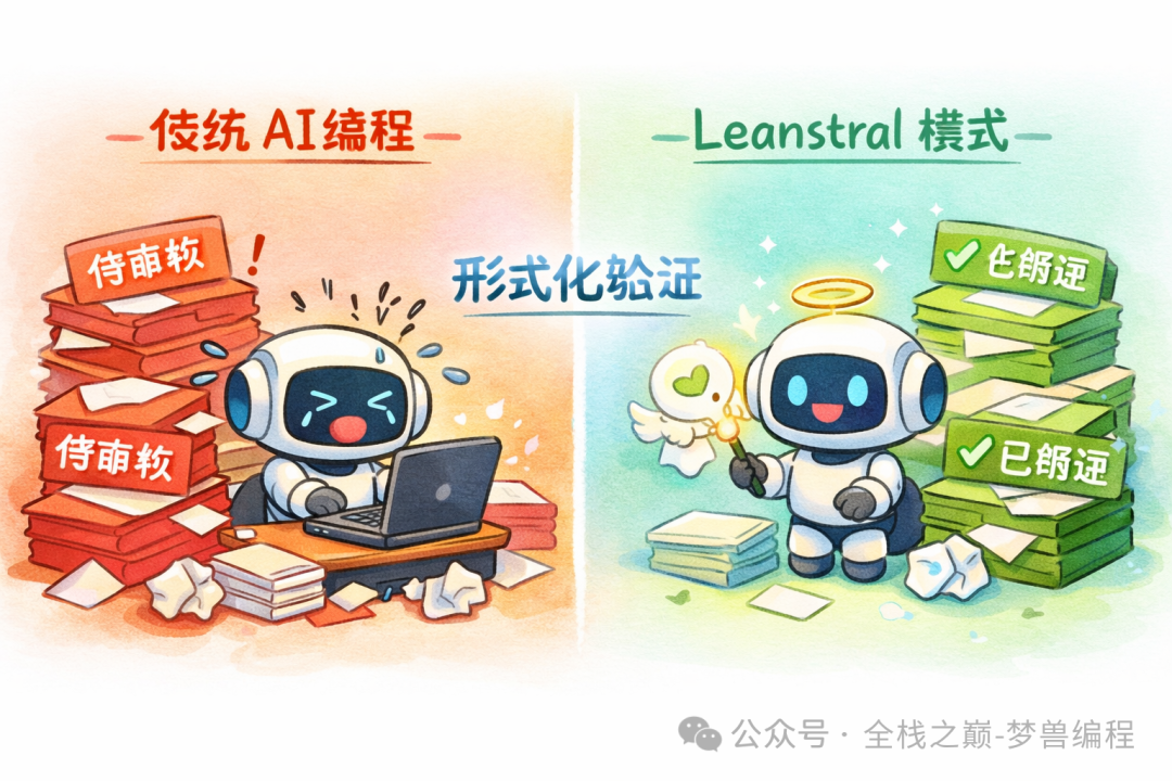 传统AI编程与Leanstral模式对比示意图