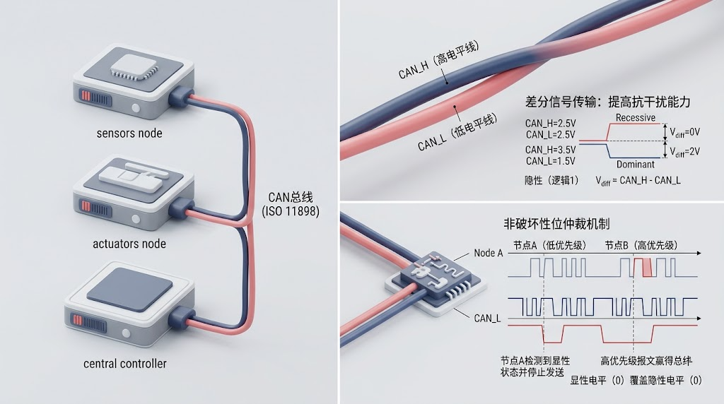 CAN总线通信系统与差分信号传输原理图
