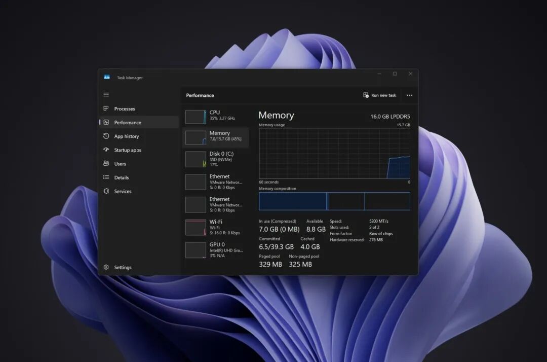 Windows 11 26H2 16GB 笔记本任务管理器内存占用约 7GB
