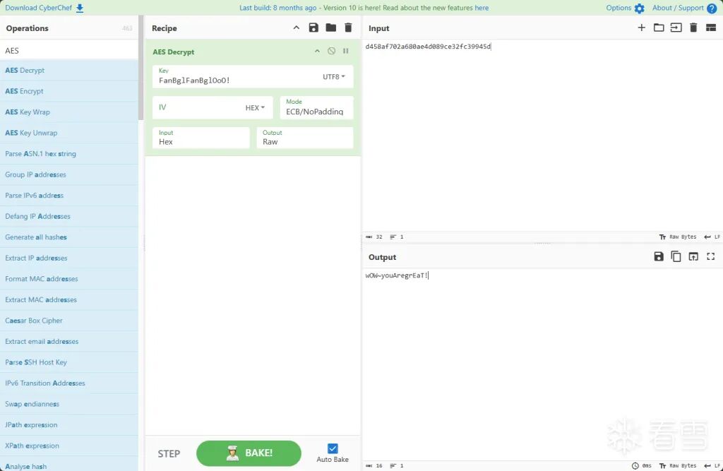 CyberChef 软件界面，显示 AES 解密操作，密钥 FanBg1FanBg10o0!，模式 ECB/NoPadding，输出内容为 w0w-youAreGreat!