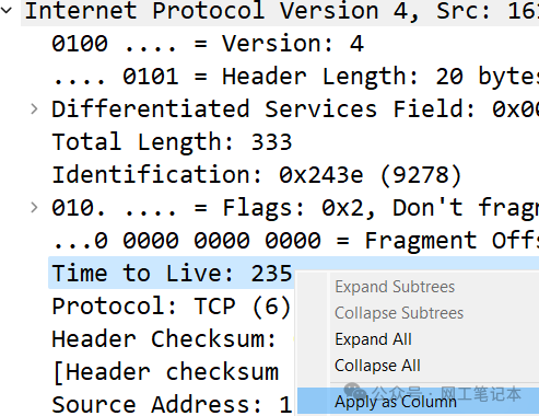 设置Wireshark TTL列