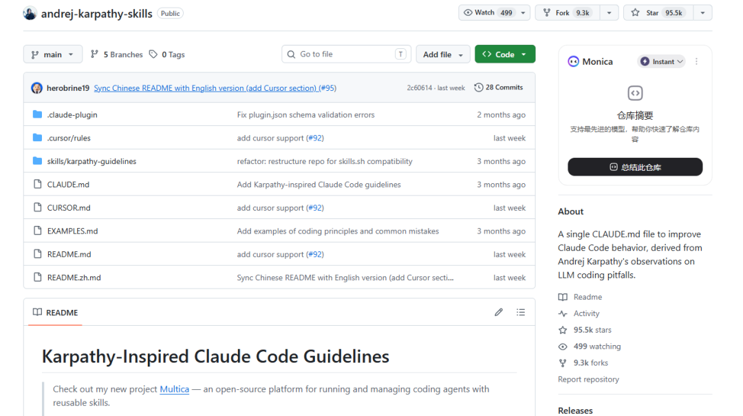 GitHub 仓库页面截图，显示andrej-karpathy-skills仓库，左侧文件列表含CLAUDE.md等，右侧统计信息Watch 499、Fork 9.3k、Star 95.5k