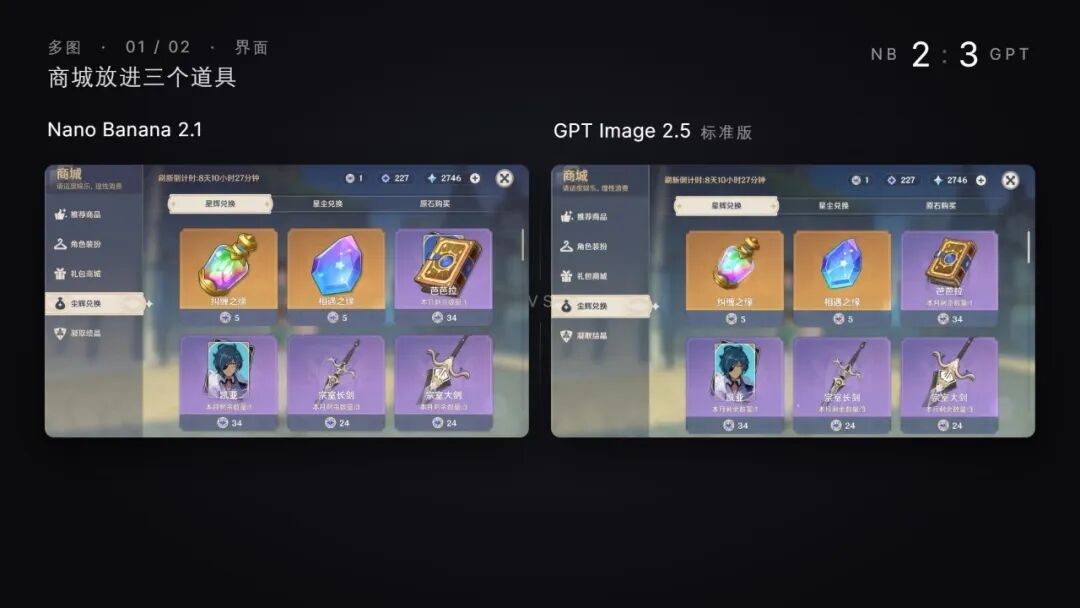 Nano Banana 2.1和GPT Image 2.5多图编辑商城道具对比