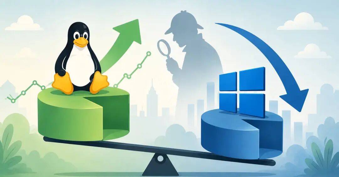 Linux市占率上升、Windows下降的天平称示意图,戴着侦探帽的人物在旁观察