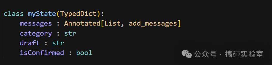 代码截图：myState 类定义，包含 messages、category、draft、isConfirmed