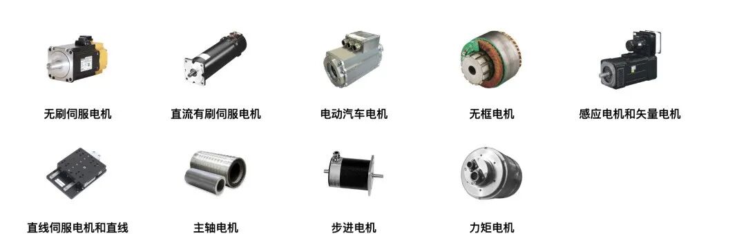 Parker 多种电机产品展示，包括无刷伺服、直流有刷、无框、步进、力矩电机等