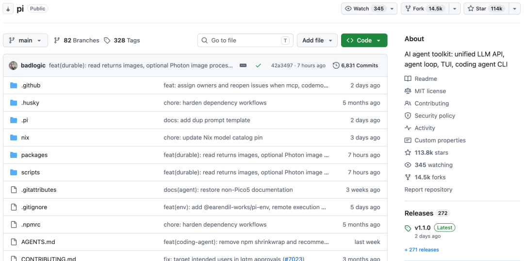 Pi GitHub 仓库页面,展示 AI agent toolkit 项目信息