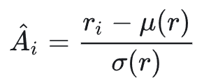Advantage计算公式：Âᵢ＝(rᵢ－μ(r))／σ(r)