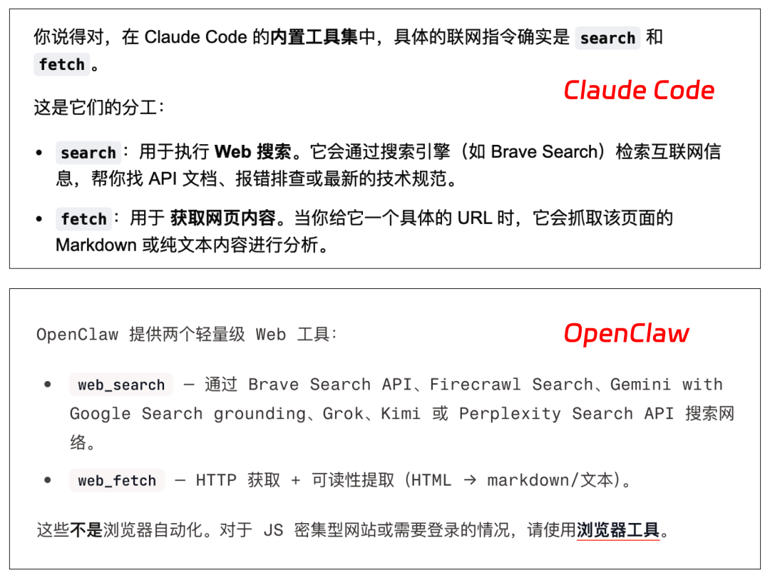 Claude Code与OpenClaw内置联网工具对比