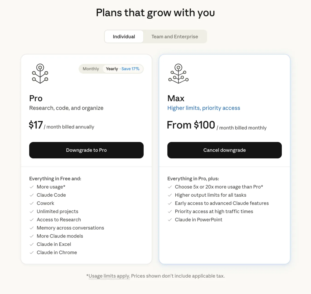 Claude分级订阅定价页面