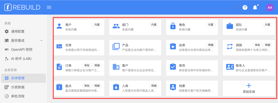 实体管理界面，展示系统内置的各类业务实体卡片